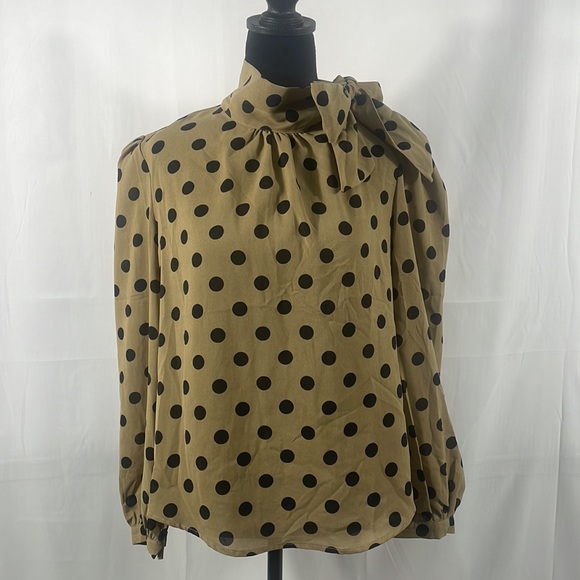 Polka dot blouse,long sleeve, with side neck bow tie closure, black,tan, large - Picture 2 of 8